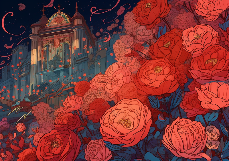 古建筑国潮节日红色花朵背景插画,插画/手绘图,插画/手绘图库,插画/手绘图下载,插画/手绘